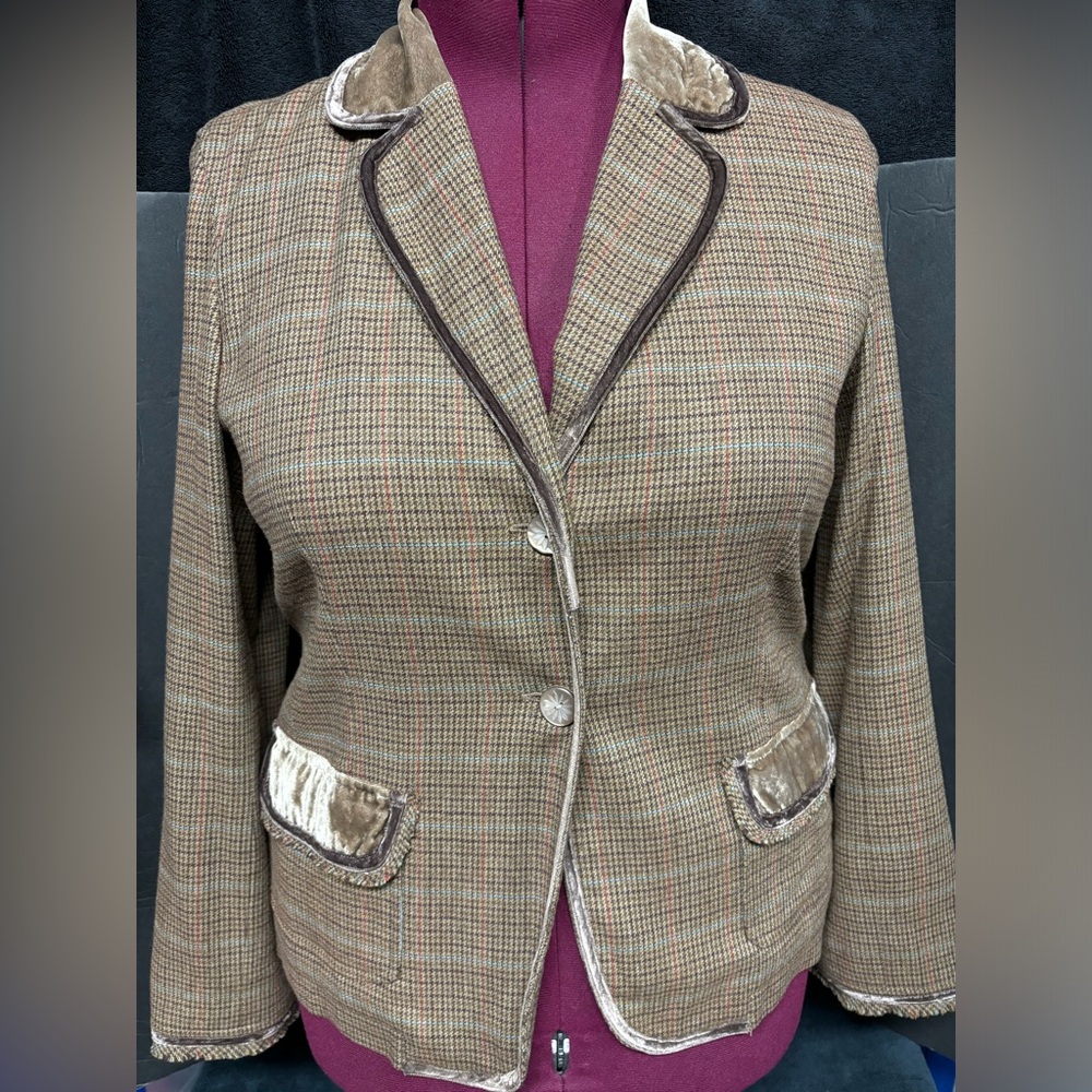 J.Jill Camel Plaid Blazer Jacket with Teal Lining and Velveteen Trim Size 16 GUC